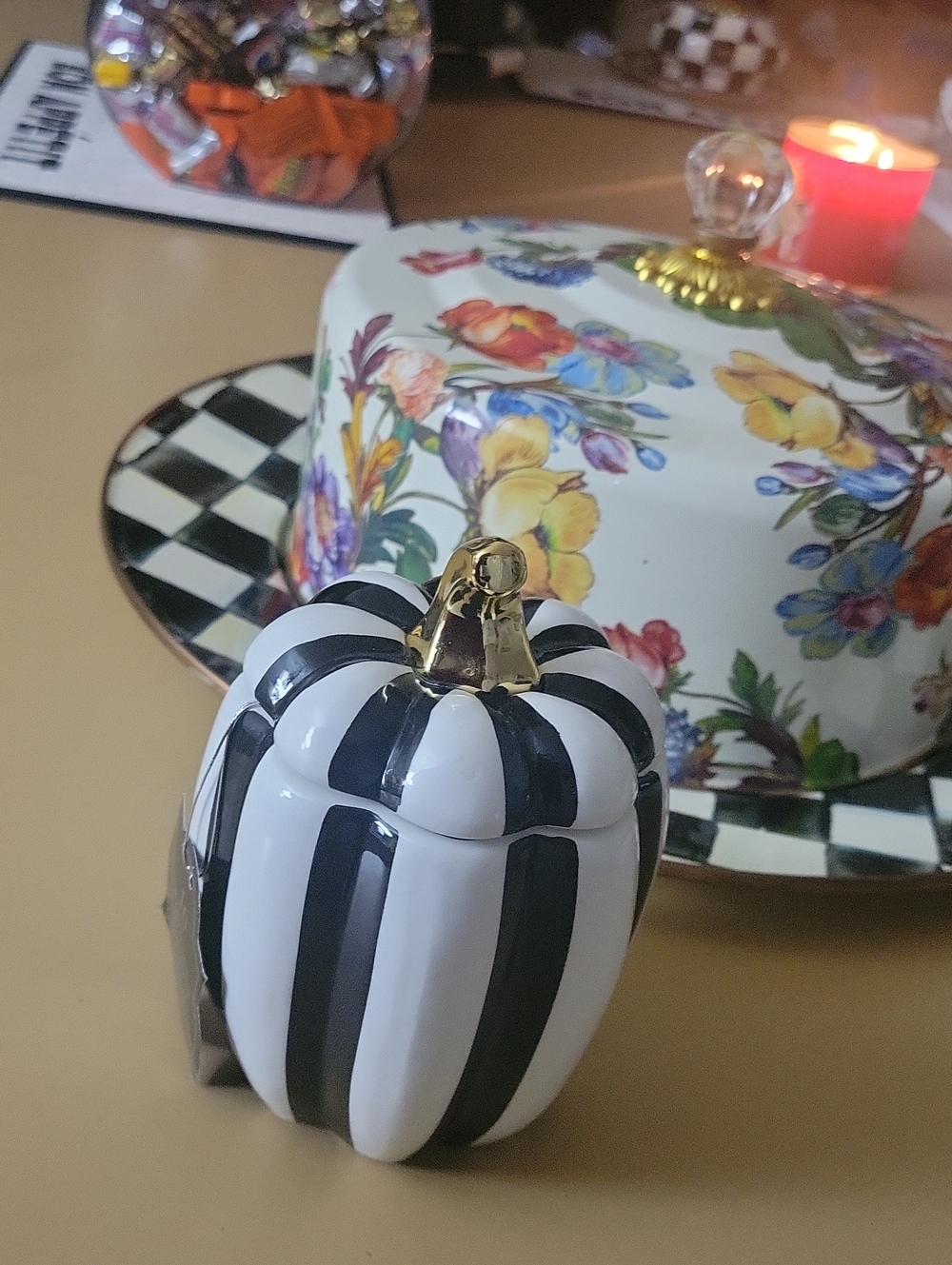 Black White Striped Ceramic Pumpkin Accent with Gold Stem
